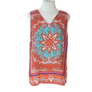 Violet + Claire Orange Turquoise Medallion Paisley V-Neck Sleeveless Blouse M